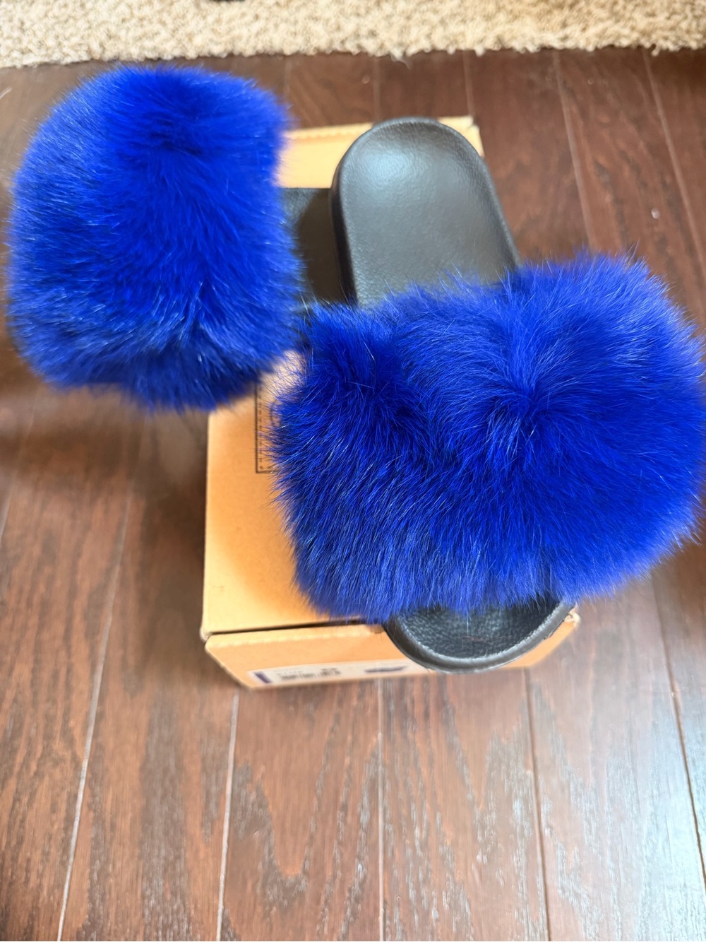 Plush Blue Fur Slide Sandals for Women